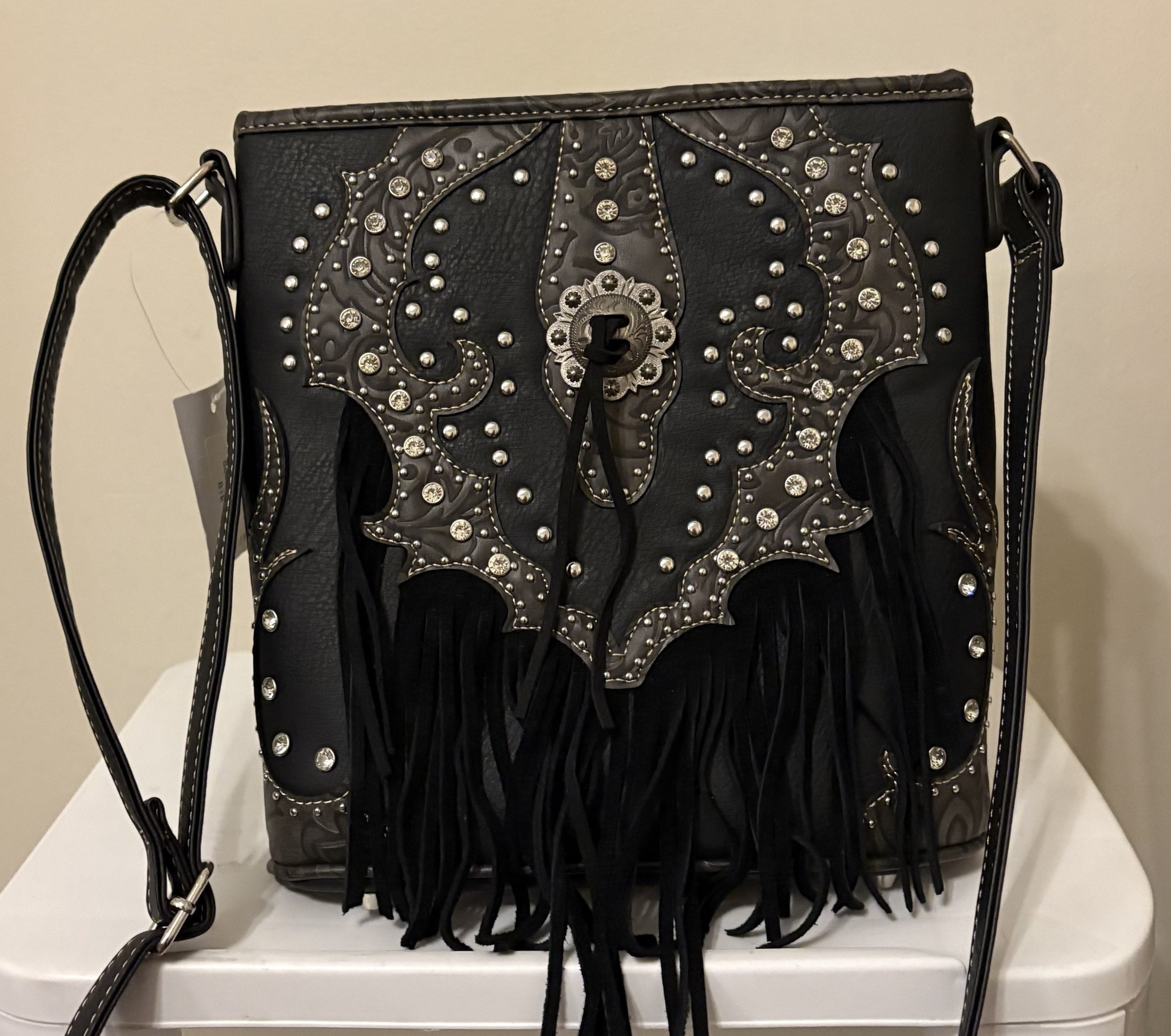 PU Leather Black Western Style fringe handbag